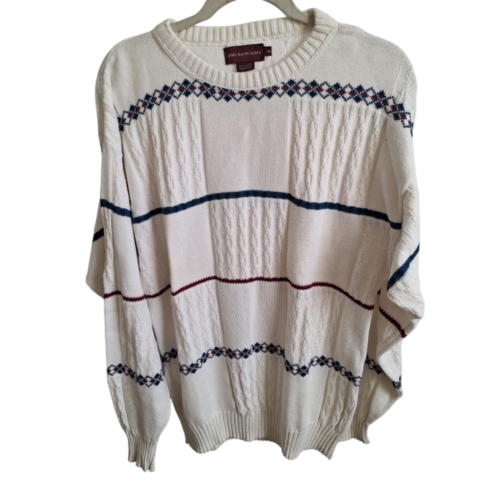 Chaps Ralph Lauren Vintage 90's Sweater Cream With Stripes Men's Size Med Color